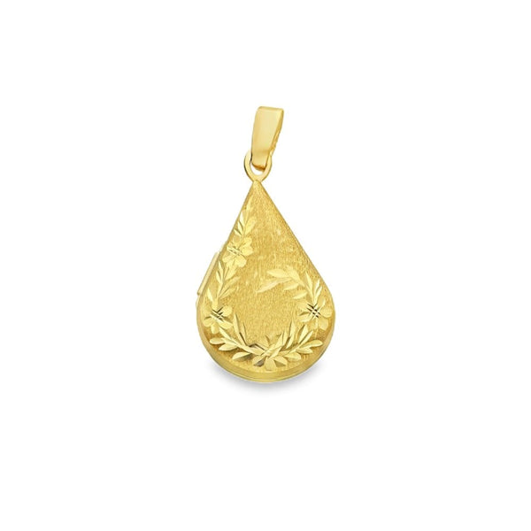9ct Yellow Gold Wreath Engraved Teardrop Locket -14x25x5mm -1.3g