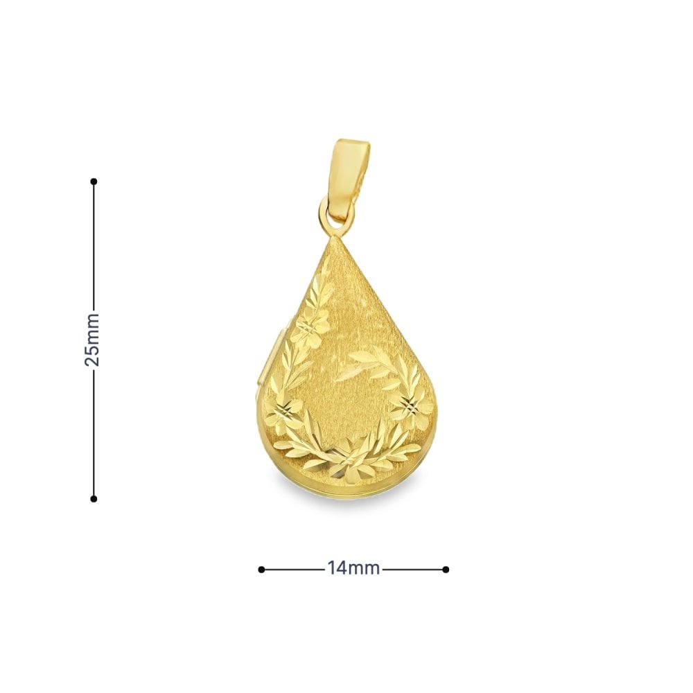 9ct Yellow Gold Wreath Engraved Teardrop Locket -14x25x5mm -1.3g