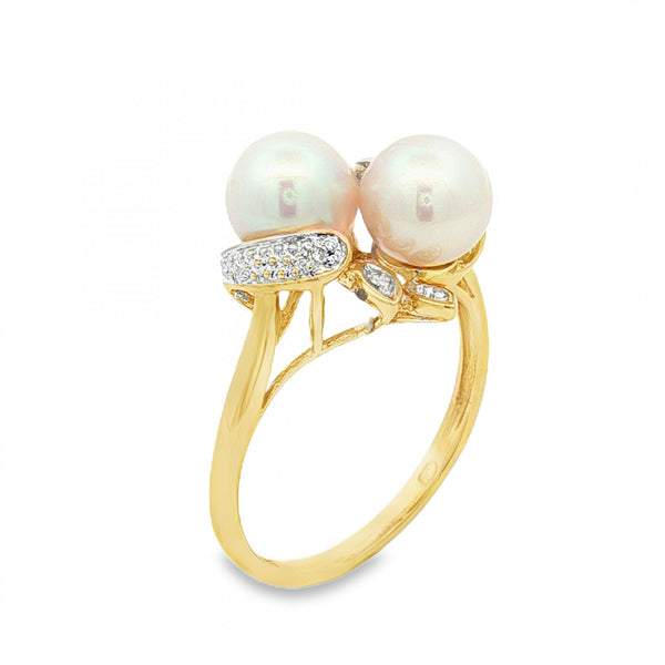 9ct Yellow Gold Double Pearl & Diamond Twist Ring - Size O½