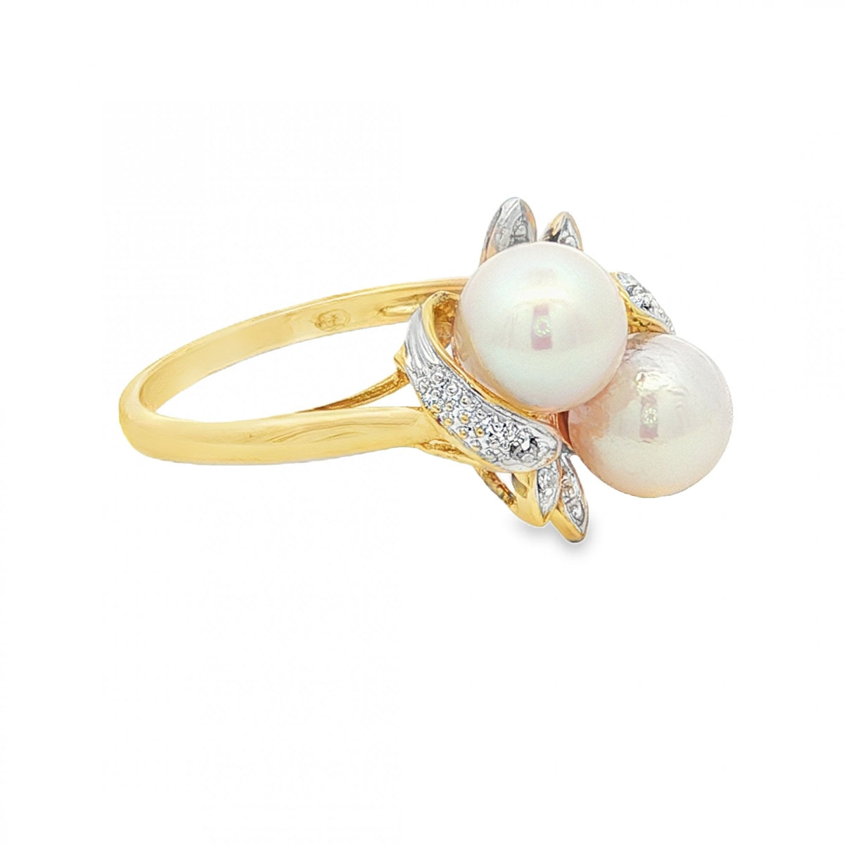 9ct Yellow Gold Double Pearl & Diamond Twist Ring - Size O½