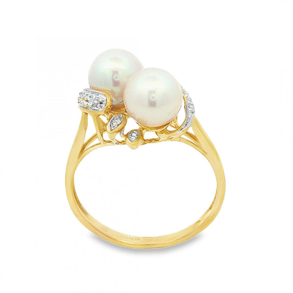 9ct Yellow Gold Double Pearl & Diamond Twist Ring - Size O½