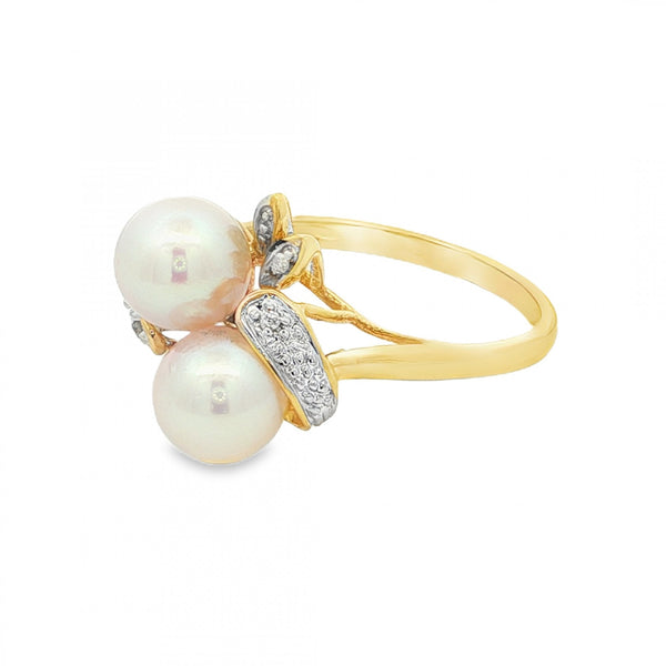 9ct Yellow Gold Double Pearl & Diamond Twist Ring - Size O½