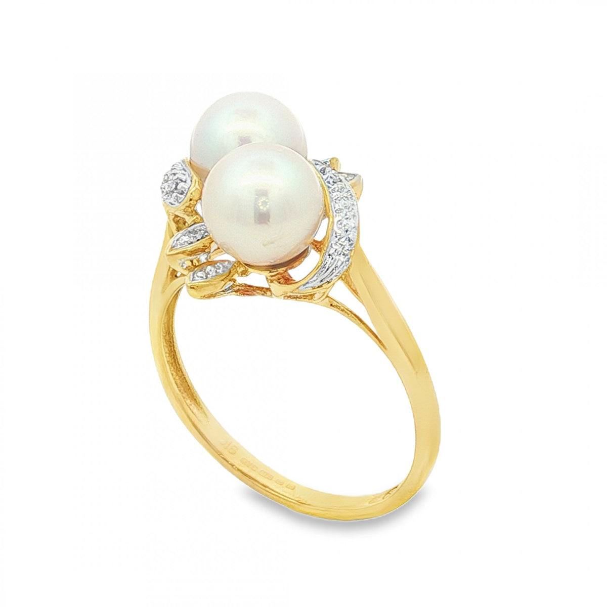 9ct Yellow Gold Double Pearl & Diamond Twist Ring - Size O½