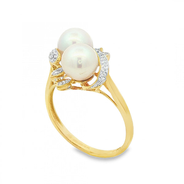 9ct Yellow Gold Double Pearl & Diamond Twist Ring - Size O½