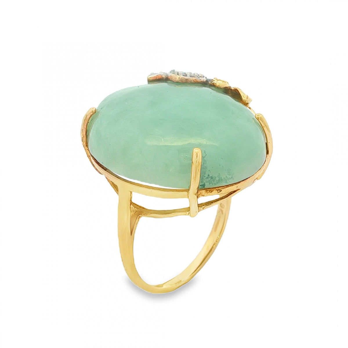 9ct Yellow Gold Jade & Diamond Dress Ring - Size Q - 0.18ct