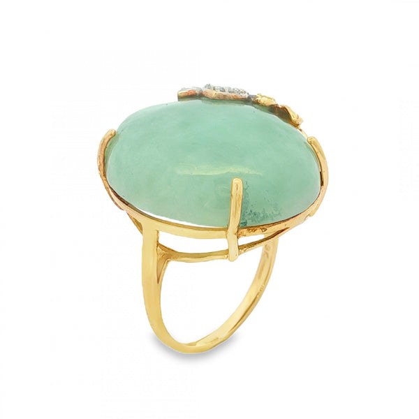 9ct Yellow Gold Jade & Diamond Dress Ring - Size Q - 0.18ct