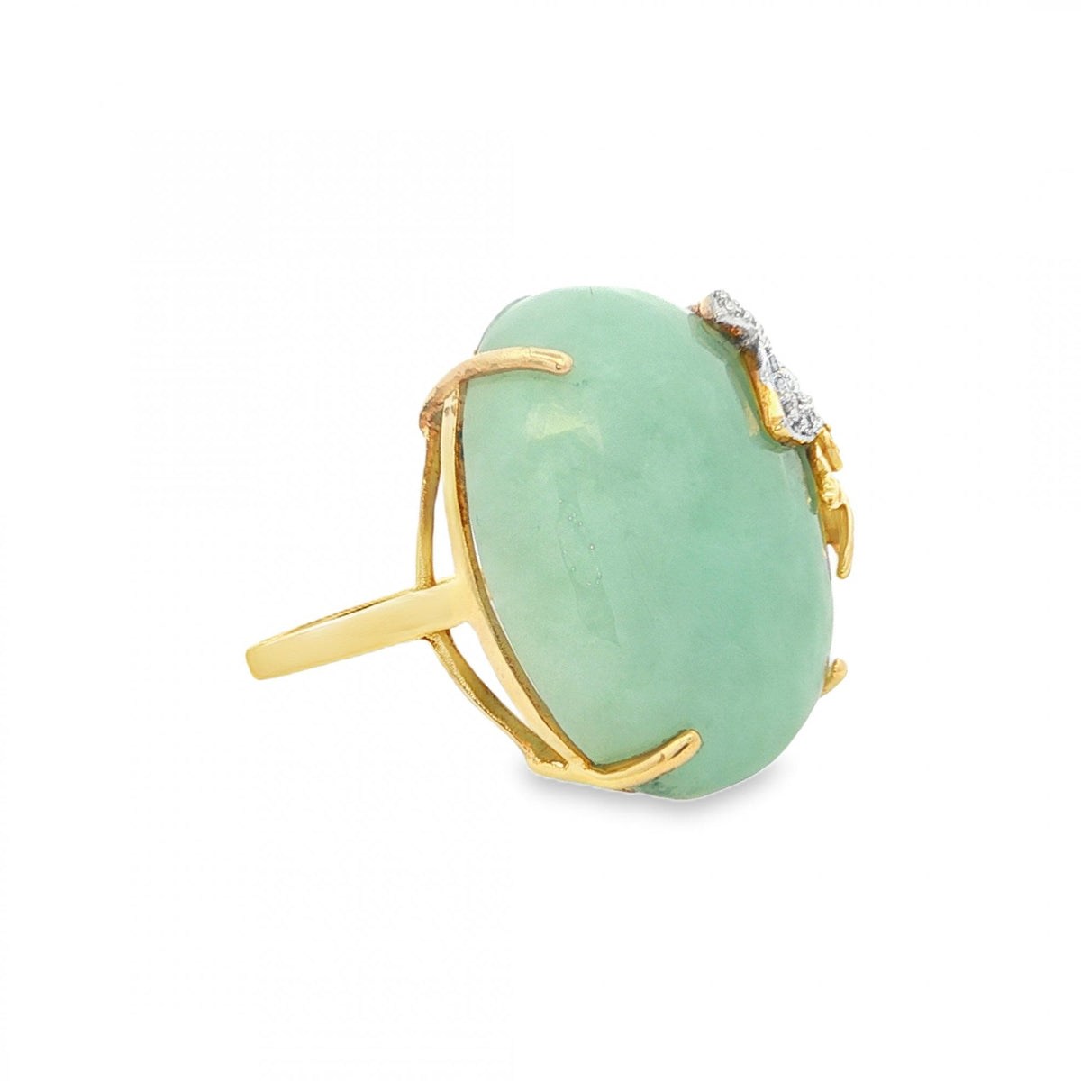 9ct Yellow Gold Jade & Diamond Dress Ring - Size Q - 0.18ct