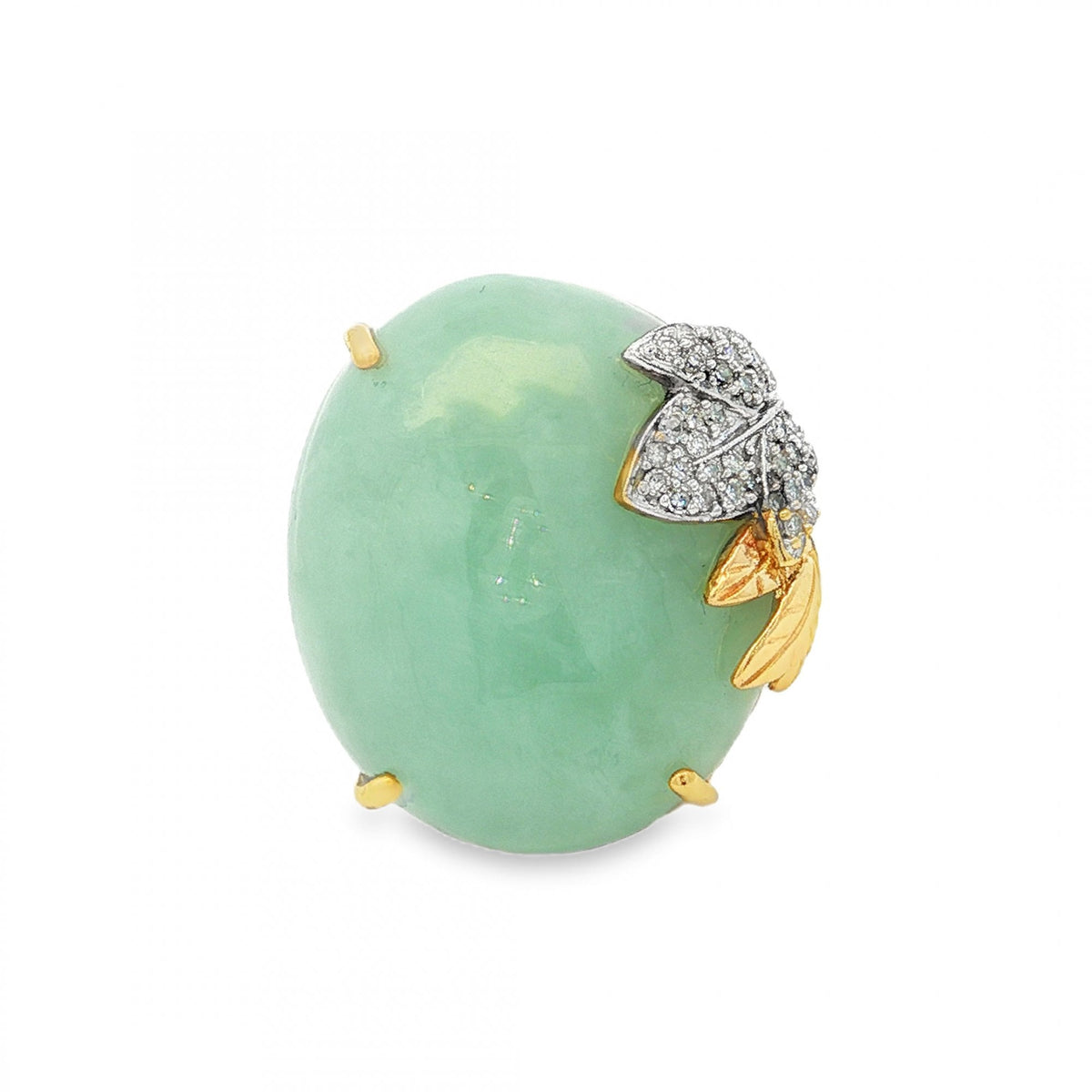 9ct Yellow Gold Jade & Diamond Dress Ring - Size Q - 0.18ct