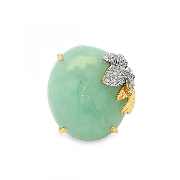 9ct Yellow Gold Jade & Diamond Dress Ring - Size Q - 0.18ct