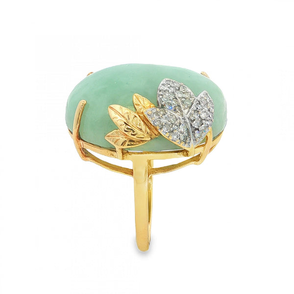 9ct Yellow Gold Jade & Diamond Dress Ring - Size Q - 0.18ct