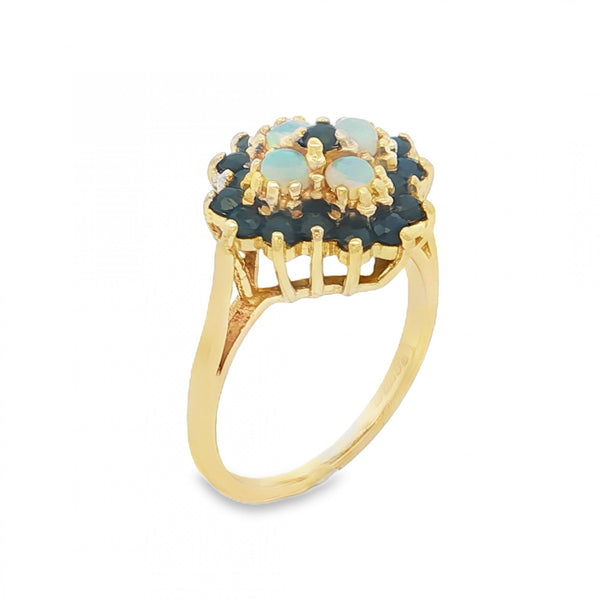 9ct Yellow Gold Opal & Sapphire Cluster Ring - Size M - 3.3g