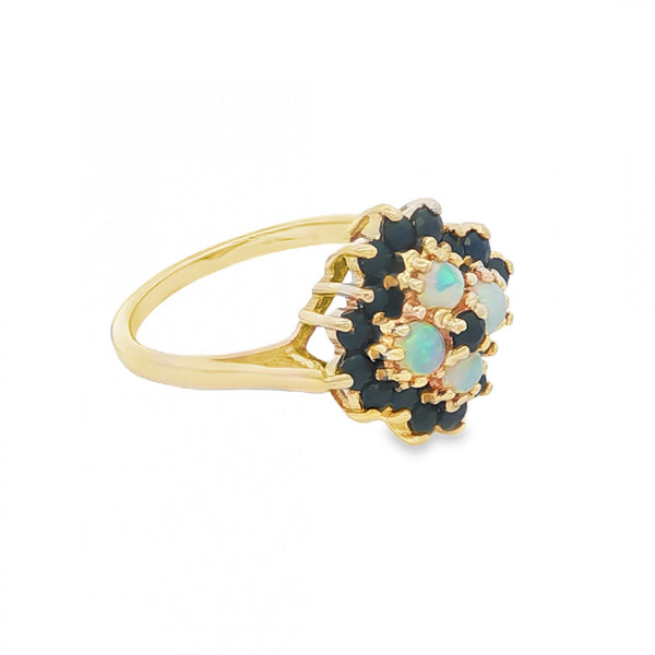 9ct Yellow Gold Opal & Sapphire Cluster Ring - Size M - 3.3g