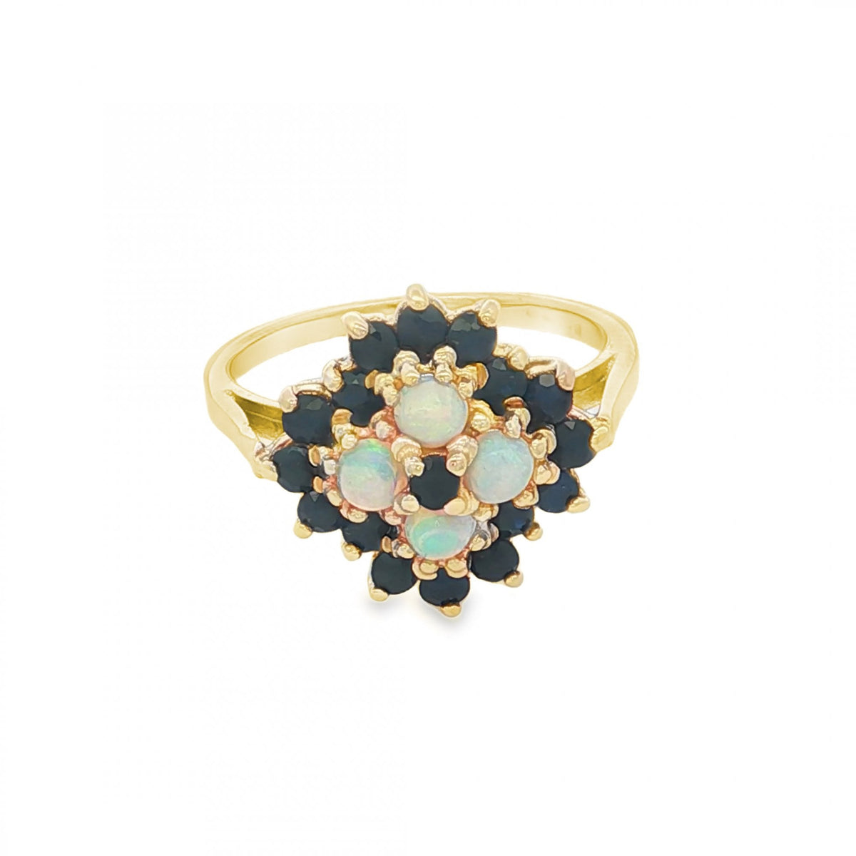 9ct Yellow Gold Opal & Sapphire Cluster Ring - Size M - 3.3g