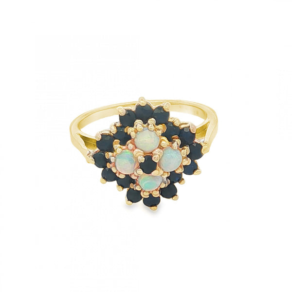 9ct Yellow Gold Opal & Sapphire Cluster Ring - Size M - 3.3g