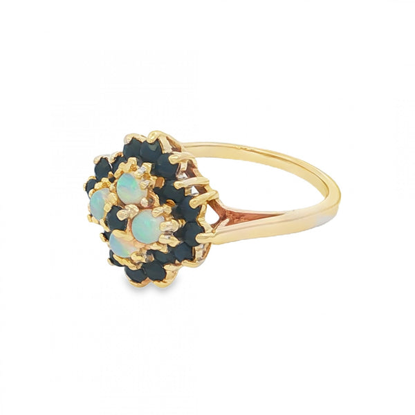 9ct Yellow Gold Opal & Sapphire Cluster Ring - Size M - 3.3g