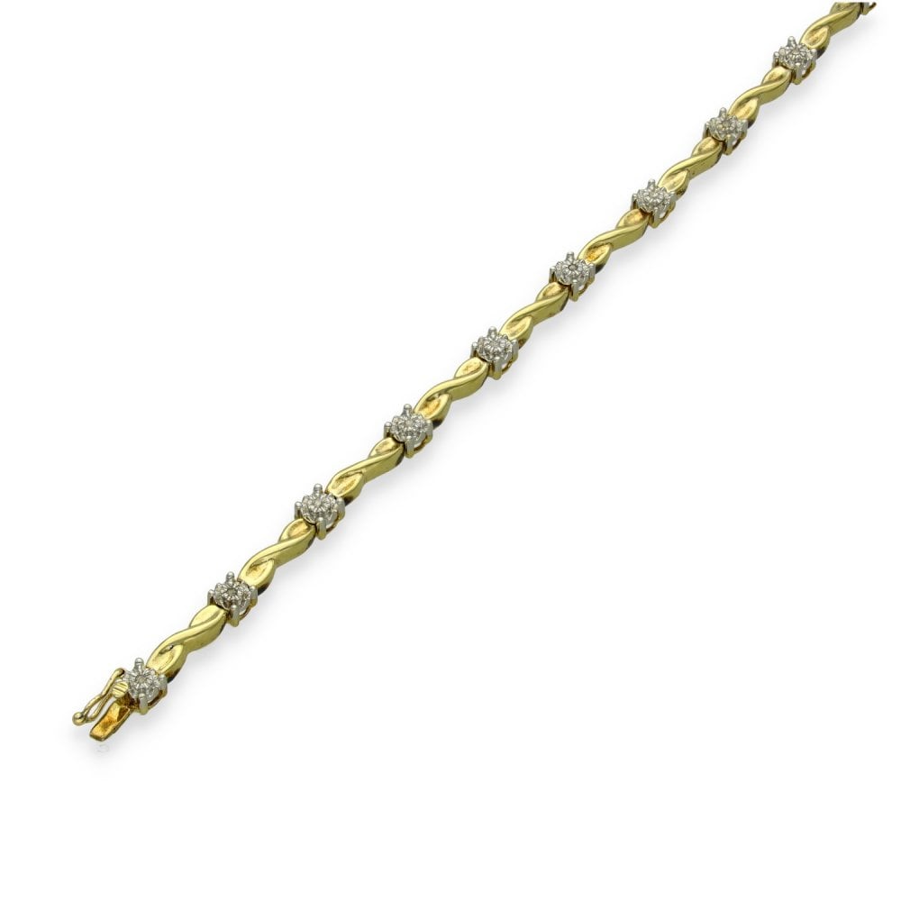 9ct Yellow Gold Diamond X-Link Bracelet - 7" - 0.12ct