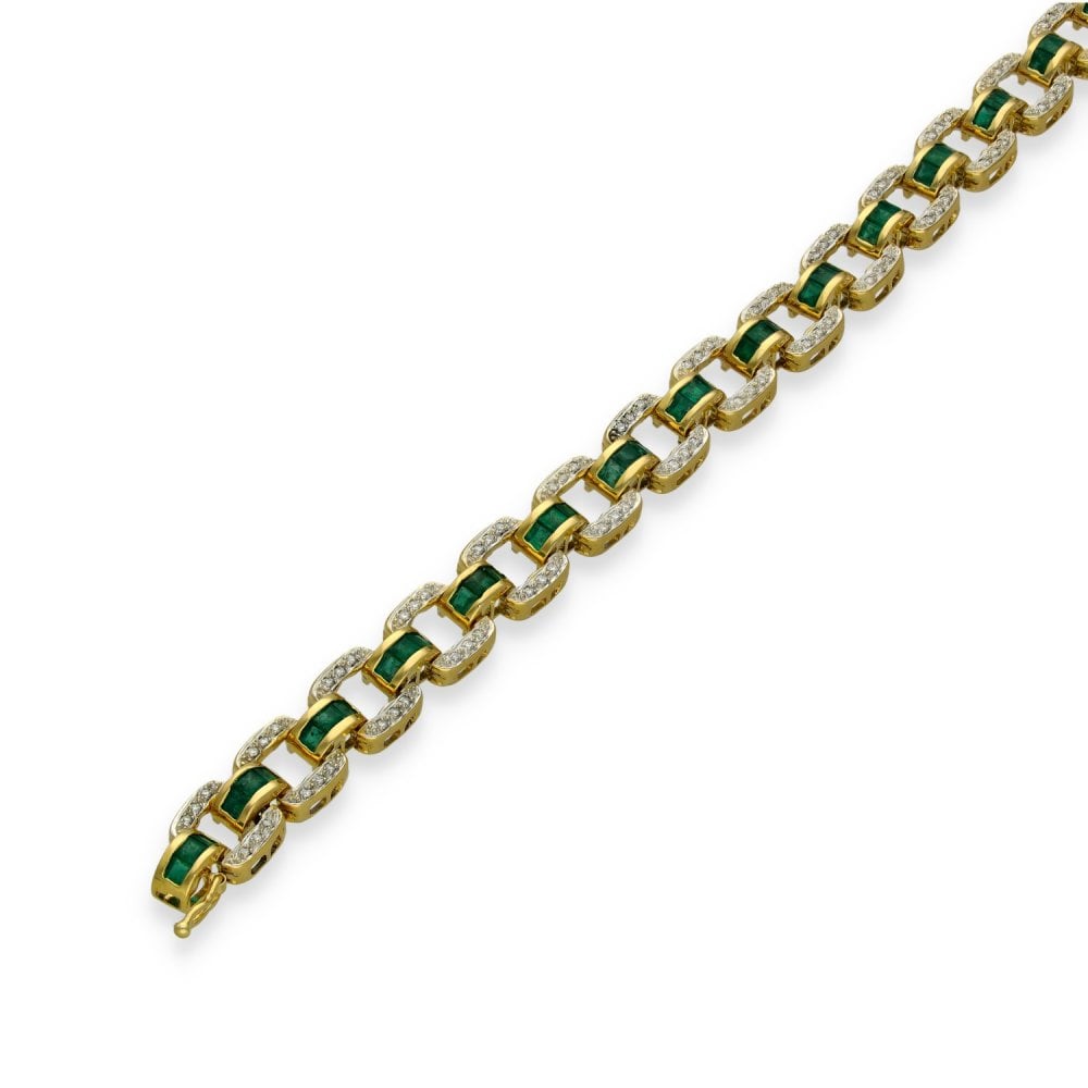 18ct Yellow Gold Emerald & Diamond Fancy Bracelet - 7.5" -1.02ct