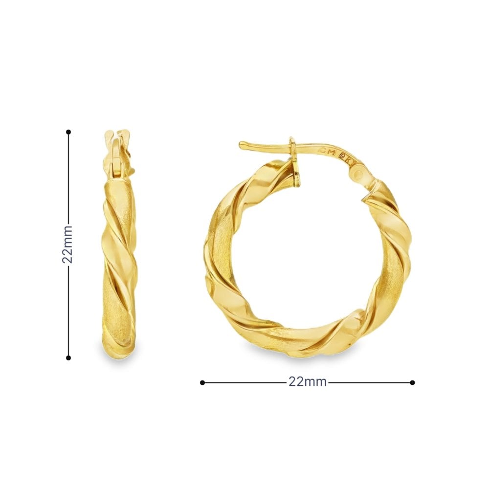 9ct Yellow Gold Twist Hoop Earrings - 22x22x3mm - 2.6g