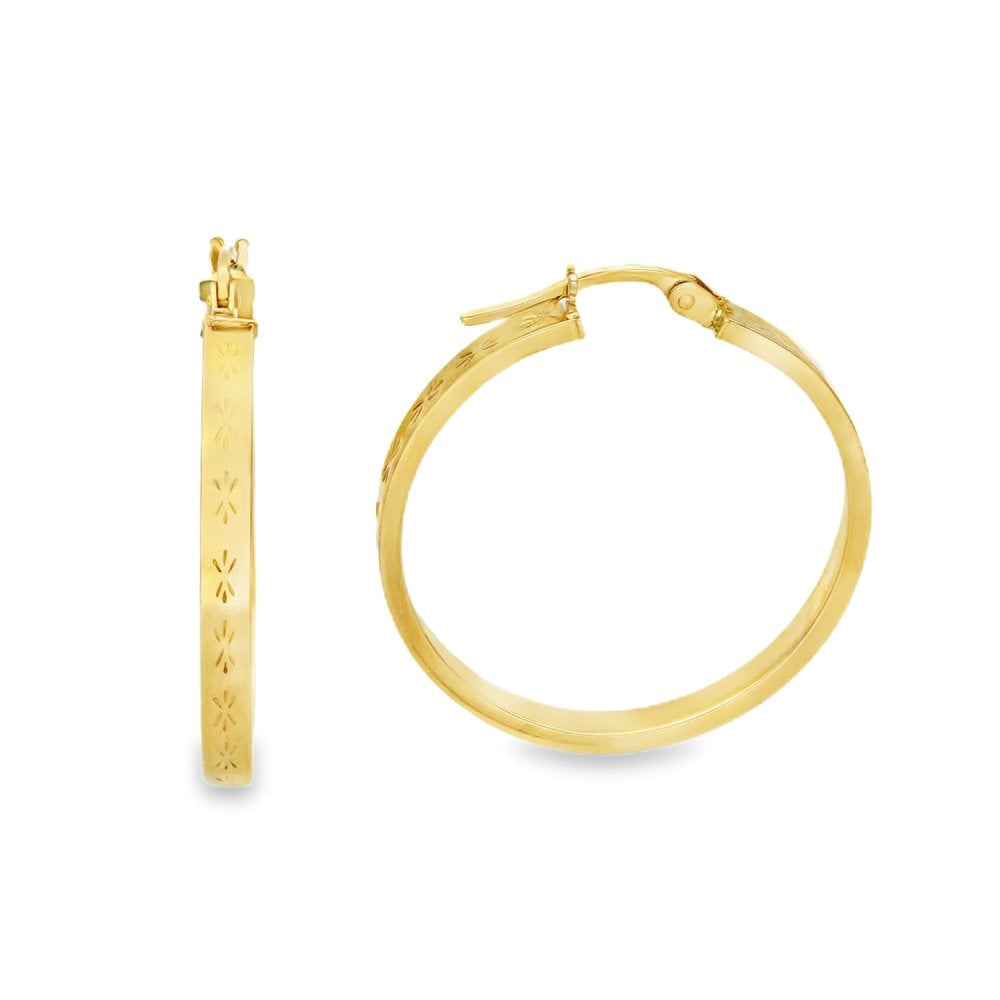 9ct Yellow Gold Patterned-Edge Hoop Earrings - 26x28x2.5mm -2.1g
