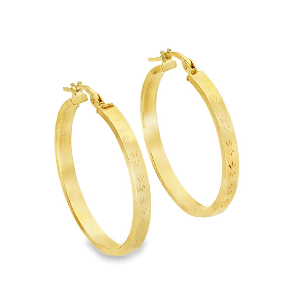 9ct Yellow Gold Patterned-Edge Hoop Earrings - 26x28x2.5mm -2.1g
