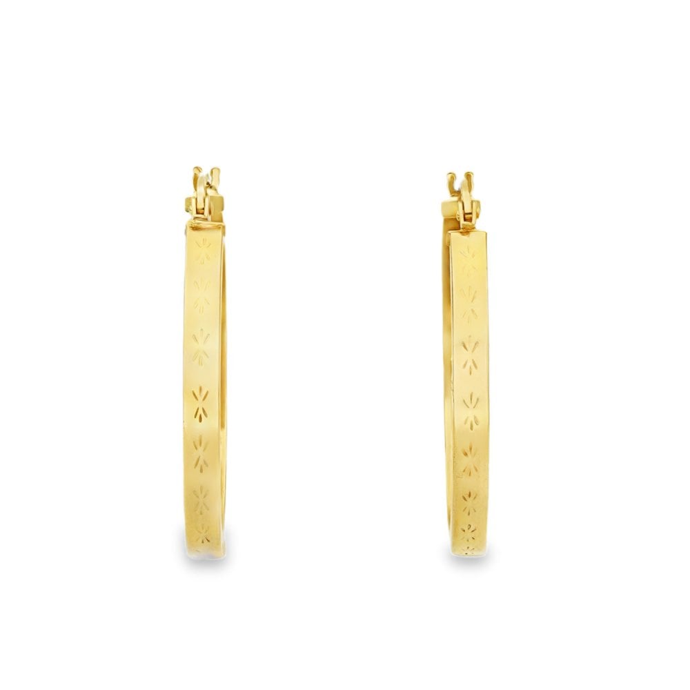 9ct Yellow Gold Patterned-Edge Hoop Earrings - 26x28x2.5mm -2.1g