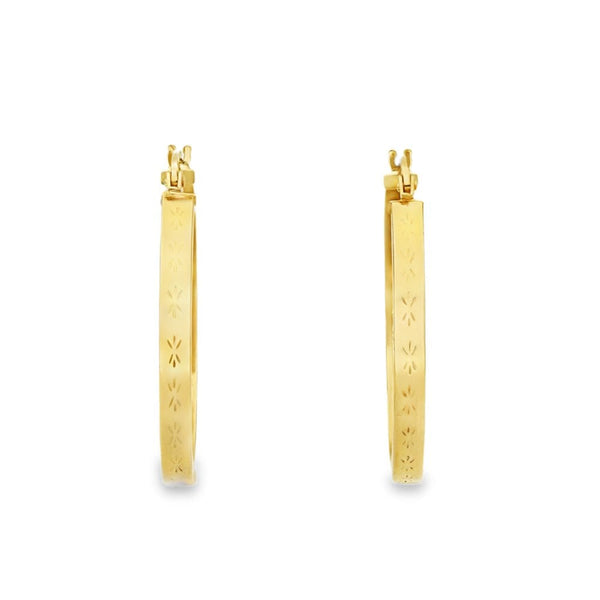 9ct Yellow Gold Patterned-Edge Hoop Earrings - 26x28x2.5mm -2.1g