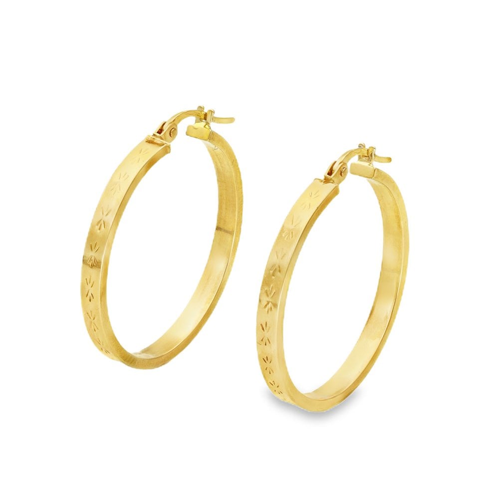 9ct Yellow Gold Patterned-Edge Hoop Earrings - 26x28x2.5mm -2.1g