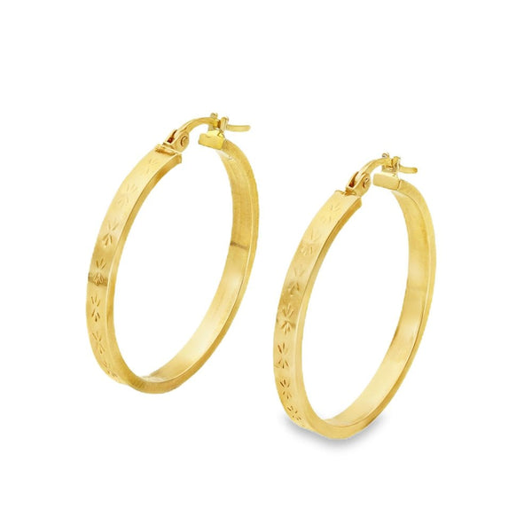 9ct Yellow Gold Patterned-Edge Hoop Earrings - 26x28x2.5mm -2.1g