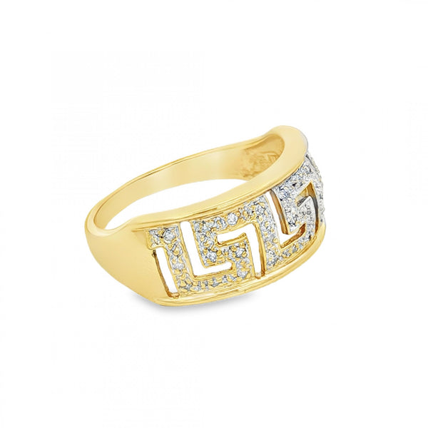 9ct Yellow Gold Pave Diamond Greek Key Ring - Size P - 0.135ct