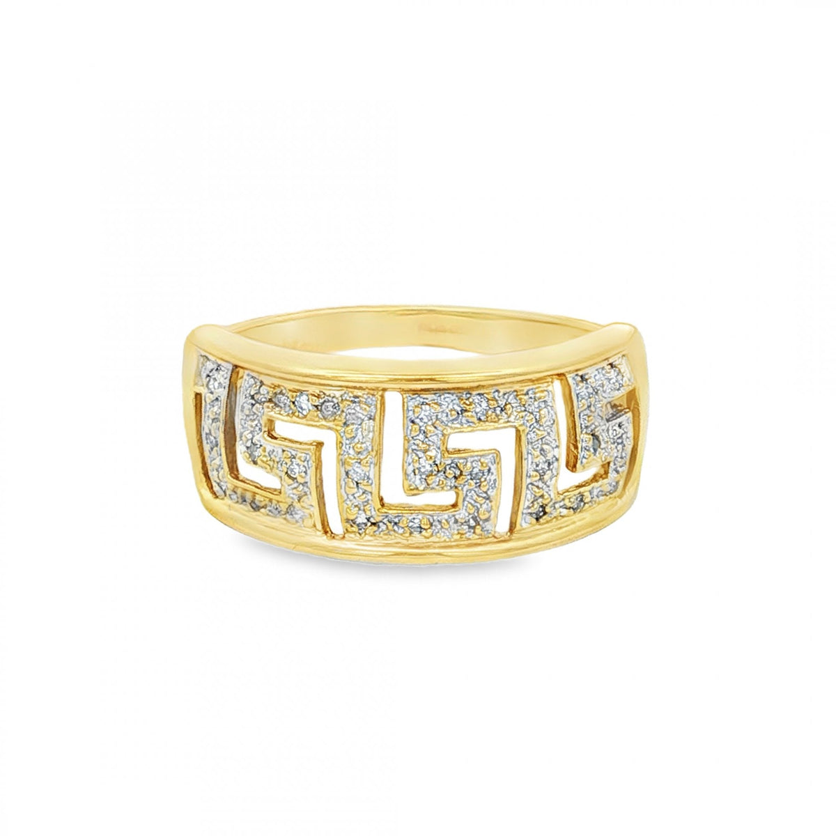 9ct Yellow Gold Pave Diamond Greek Key Ring - Size P - 0.135ct