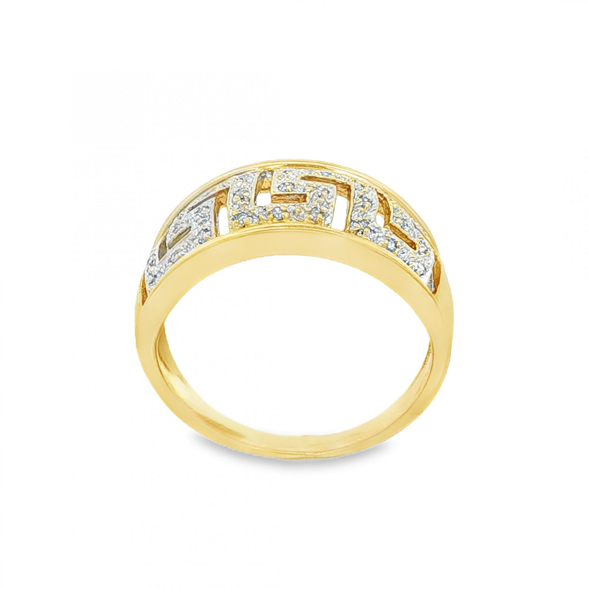 9ct Yellow Gold Pave Diamond Greek Key Ring - Size P - 0.135ct