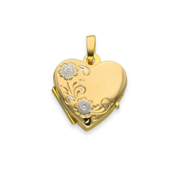 9ct Yellow & White Gold Flower Engraved Heart Locket - 17x18x5mm