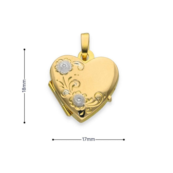 9ct Yellow & White Gold Flower Engraved Heart Locket - 17x18x5mm