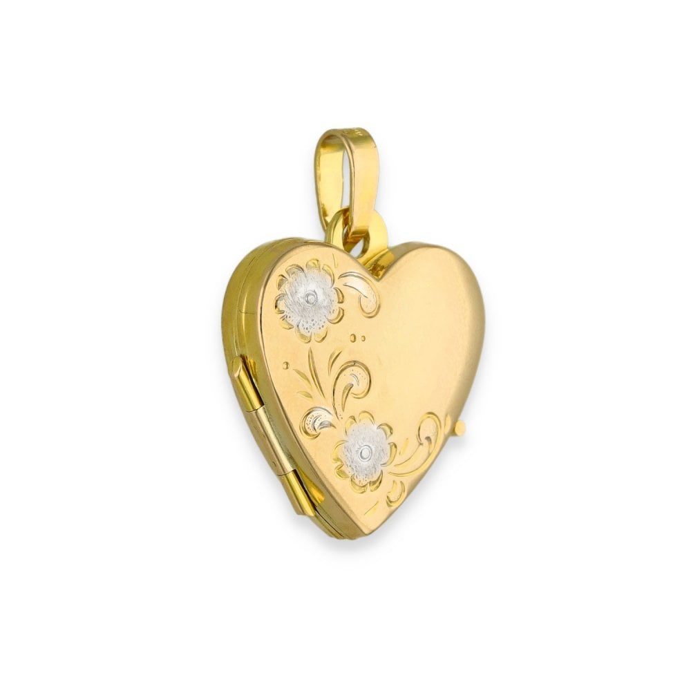 9ct Yellow & White Gold Flower Engraved Heart Locket - 17x18x5mm