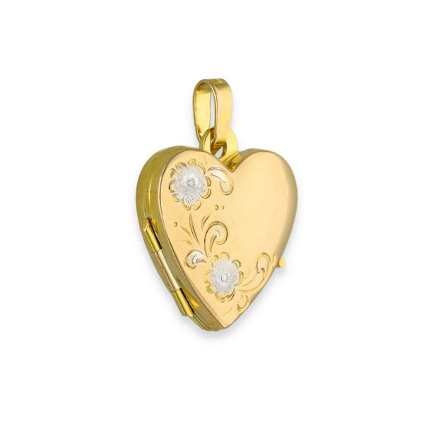 9ct Yellow & White Gold Flower Engraved Heart Locket - 17x18x5mm