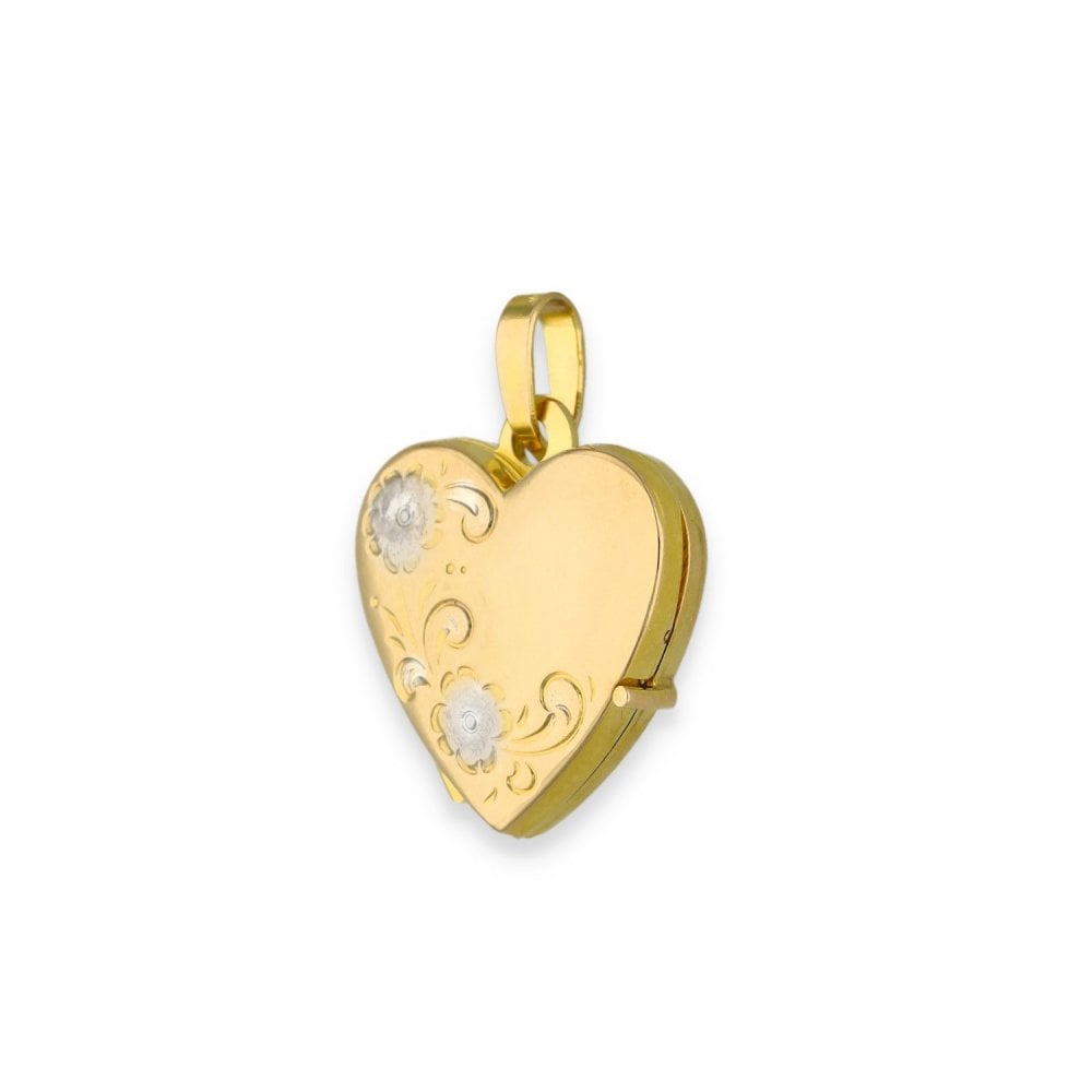 9ct Yellow & White Gold Flower Engraved Heart Locket - 17x18x5mm