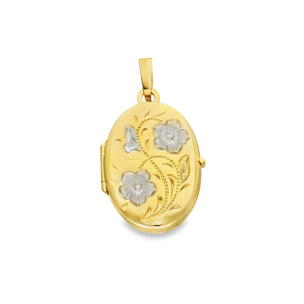 9ct Yellow & White Gold Flower Engraved Oval Locket - 16x23x4mm