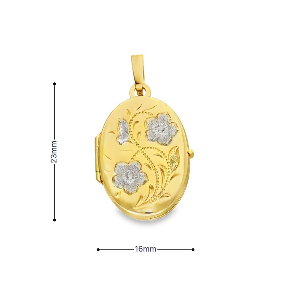 9ct Yellow & White Gold Flower Engraved Oval Locket - 16x23x4mm