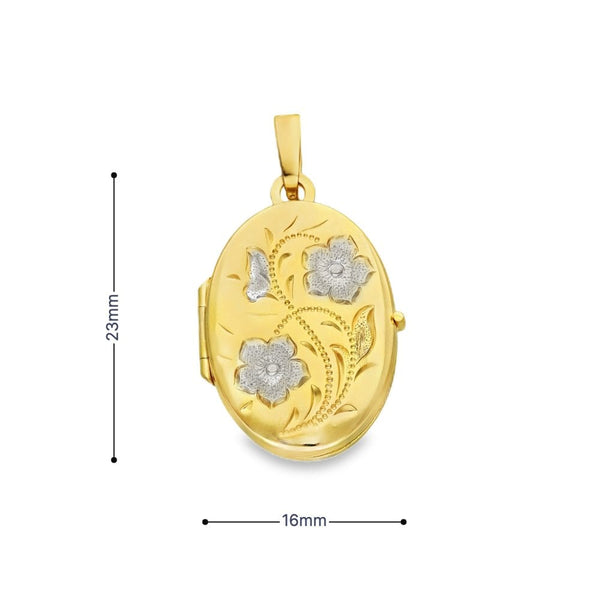 9ct Yellow & White Gold Flower Engraved Oval Locket - 16x23x4mm