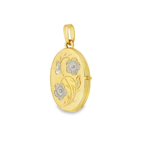 9ct Yellow & White Gold Flower Engraved Oval Locket - 16x23x4mm