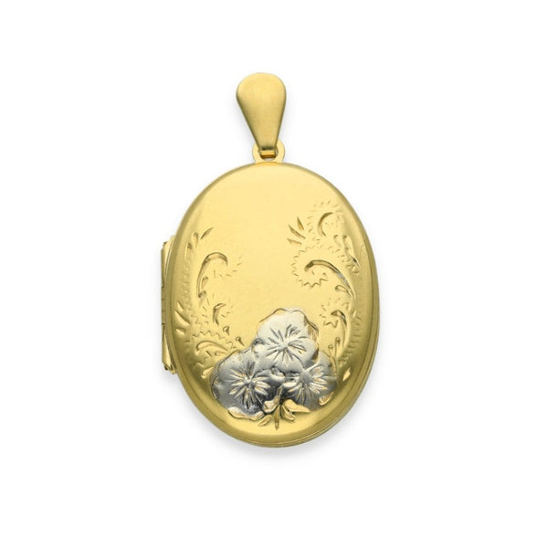 9ct Yellow & White Gold Flower Engraved Oval Locket - 17x24x6mm