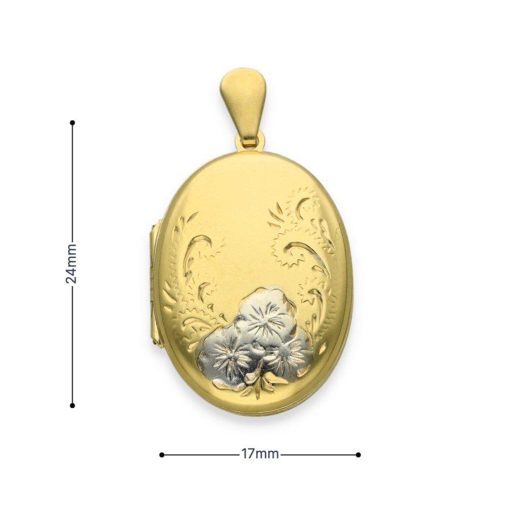 9ct Yellow & White Gold Flower Engraved Oval Locket - 17x24x6mm