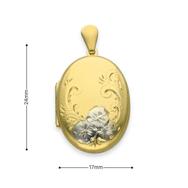 9ct Yellow & White Gold Flower Engraved Oval Locket - 17x24x6mm