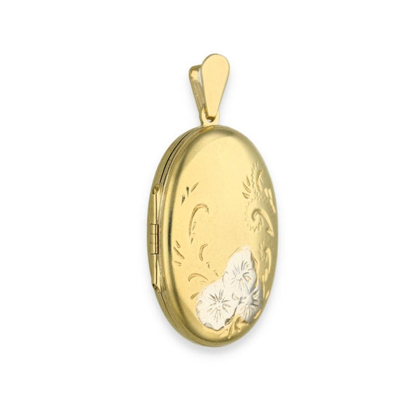 9ct Yellow & White Gold Flower Engraved Oval Locket - 17x24x6mm