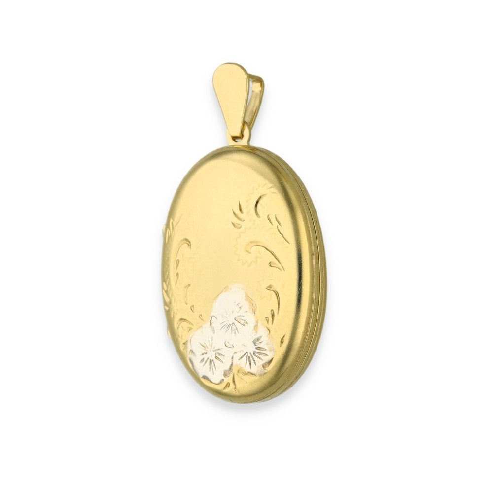 9ct Yellow & White Gold Flower Engraved Oval Locket - 17x24x6mm