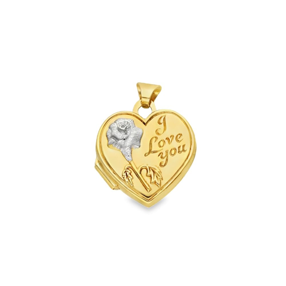 9ct Yellow & White Gold Engraved Rose Heart Locket - 15x17x6mm