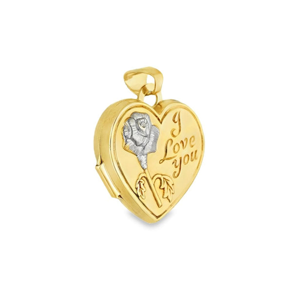 9ct Yellow & White Gold Engraved Rose Heart Locket - 15x17x6mm