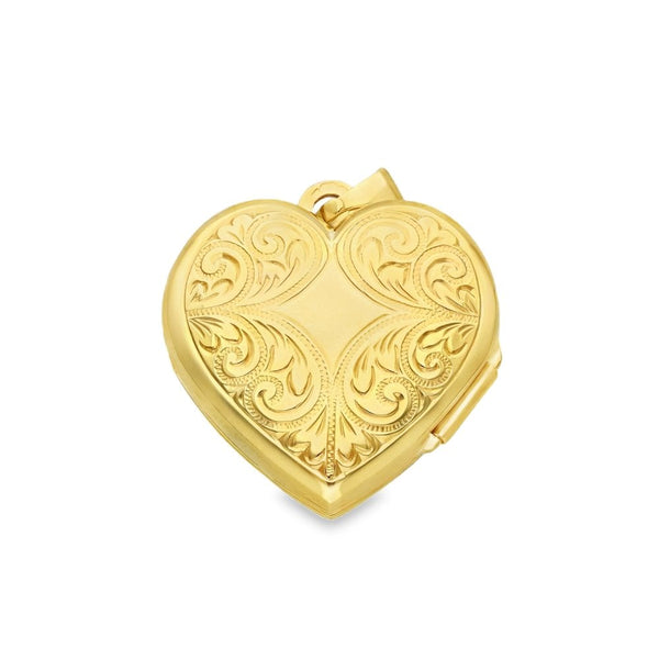 9ct Yellow Gold Feather Drapes Engraved Heart Locket - 21x22x7mm