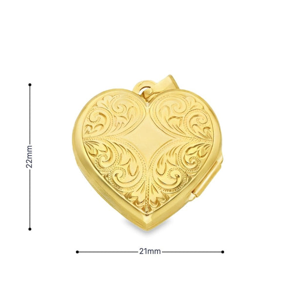 9ct Yellow Gold Feather Drapes Engraved Heart Locket - 21x22x7mm