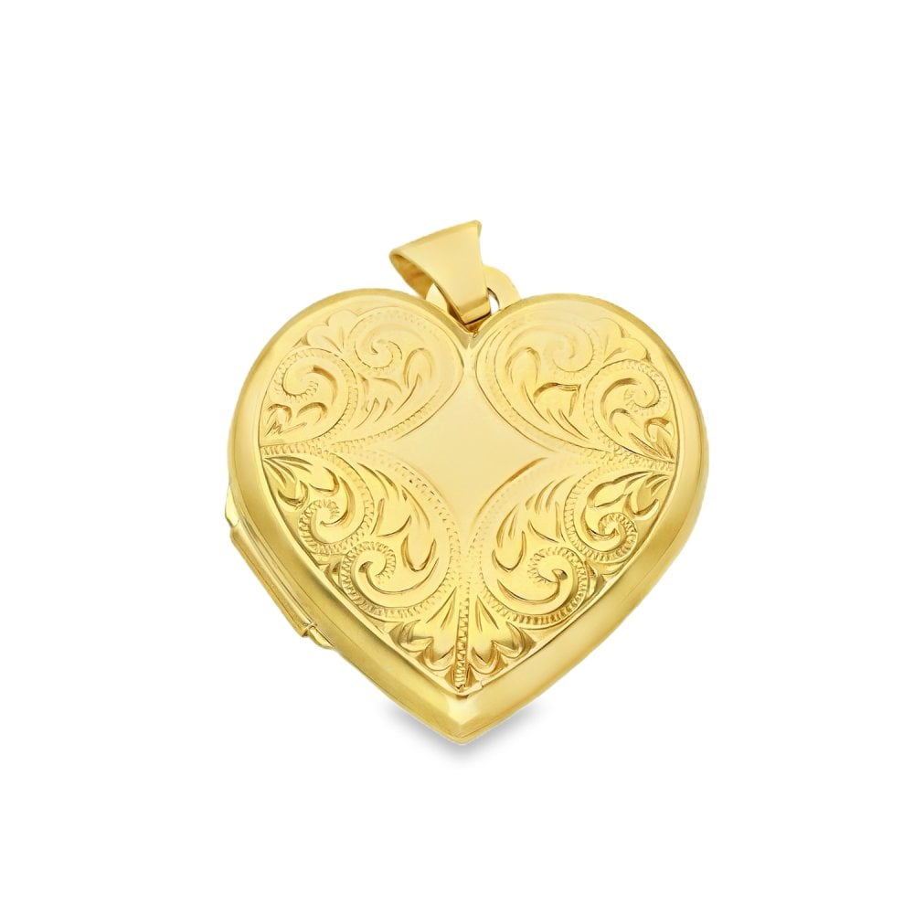 9ct Yellow Gold Feather Drapes Engraved Heart Locket - 21x22x7mm